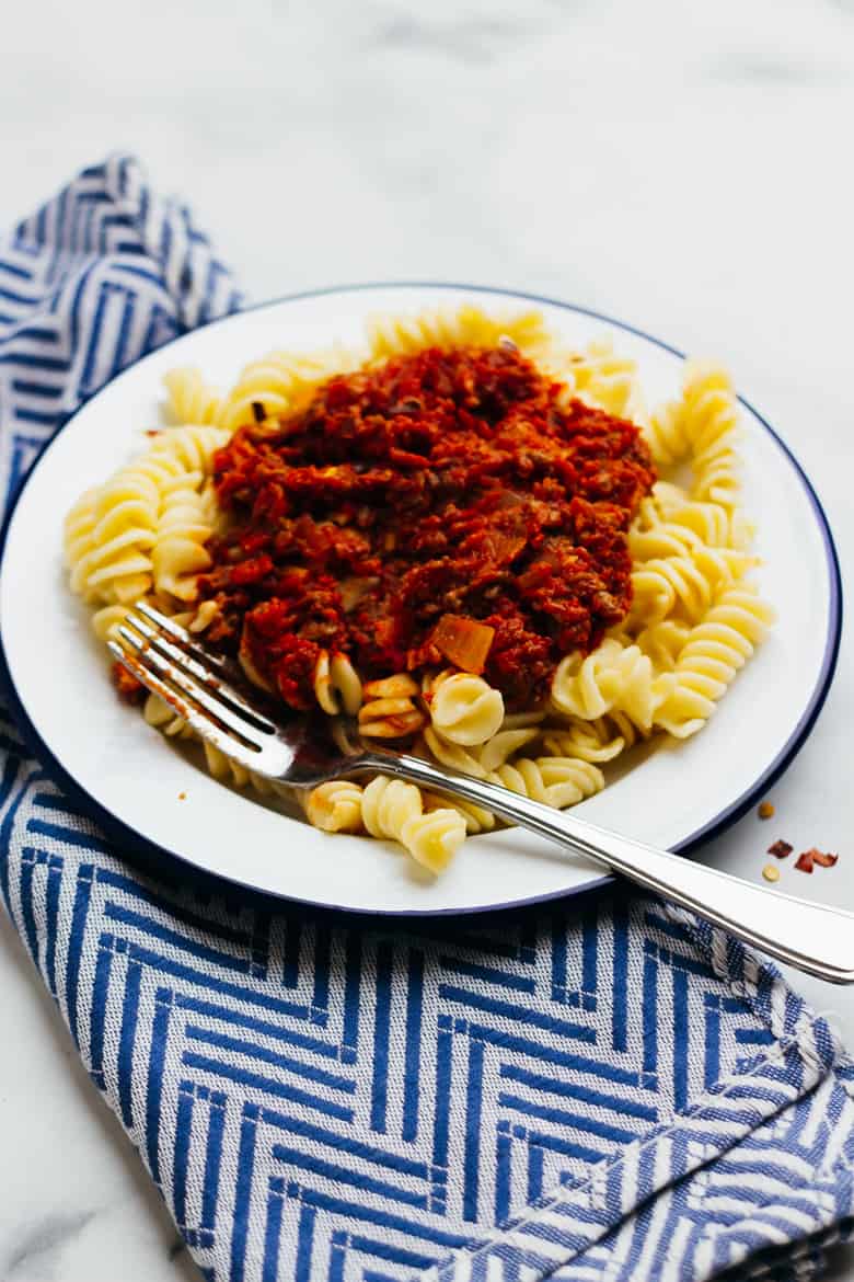 vegan pasta sauce with fusilli pasta on enamelware plate