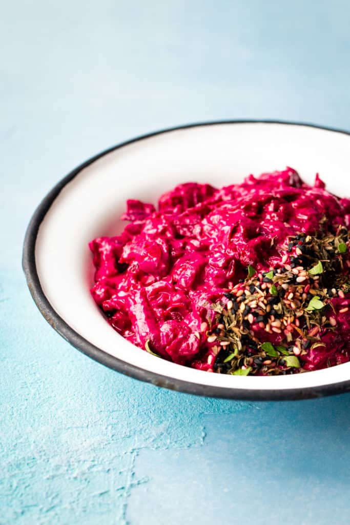 Teleport yourself to the Mediterranean with this delicious beet tzatziki! It is very easy to make and looks as delicious as it tastes. Step-by-step instruction video included.