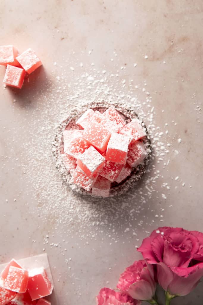 Turkish delight in a bowl with roses. Authentic Turkish Delight Recipe from Narnia