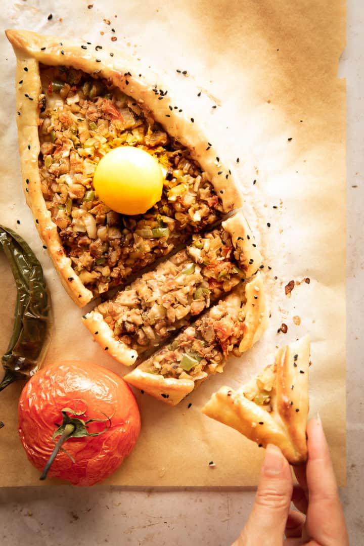 the best pide with vegan egg yolk and walnut mince meat