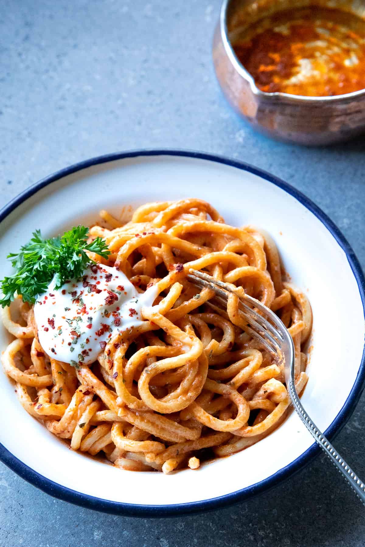 pasta with tomato paste sauce on a plate with garnishes