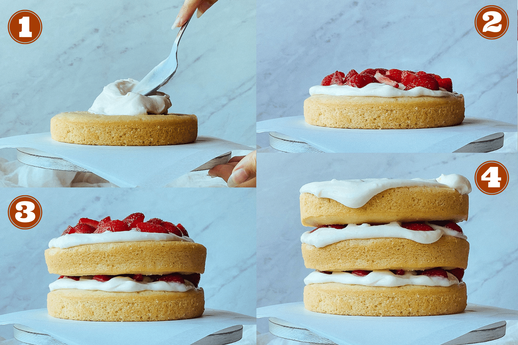 step by step assembly of a vegan layer cake