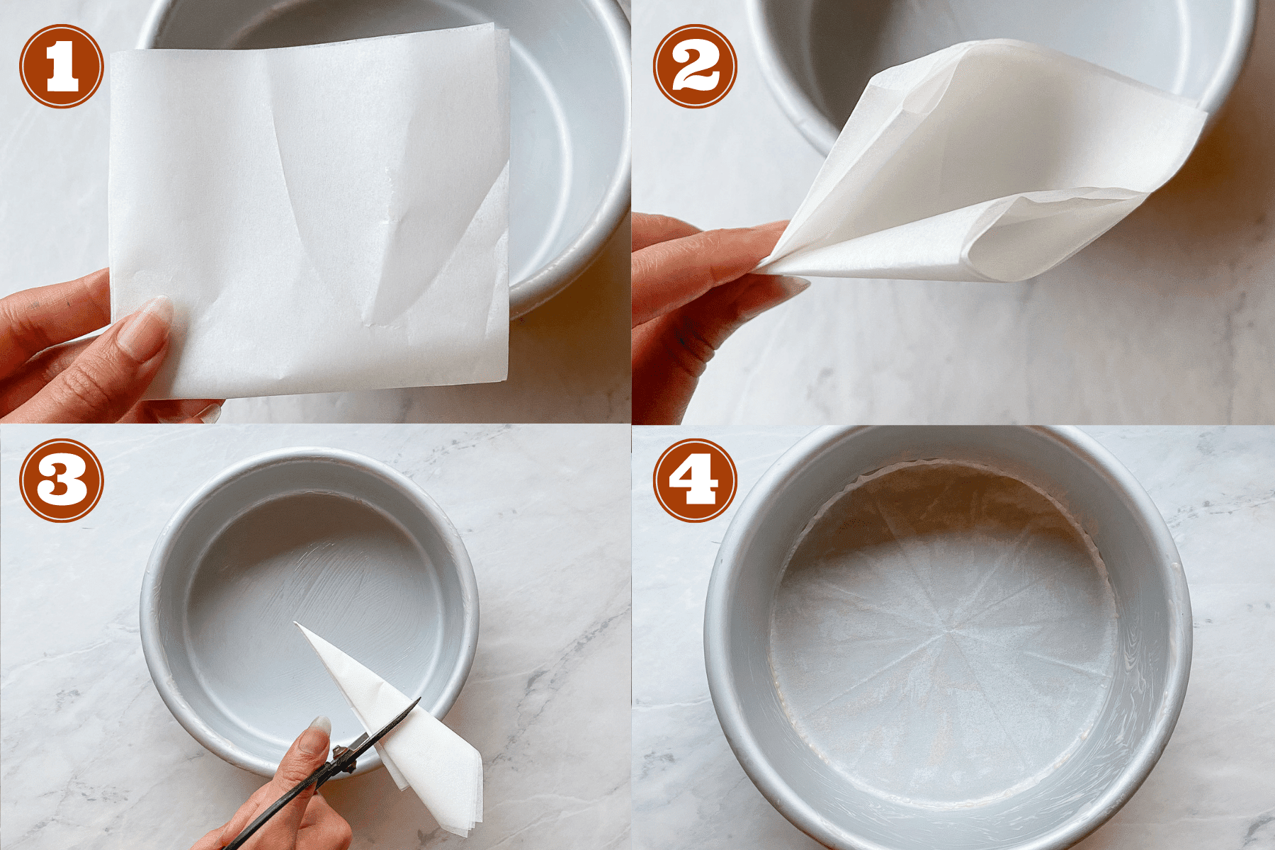 step by step cutting out rounds of parchment paper for cake pans