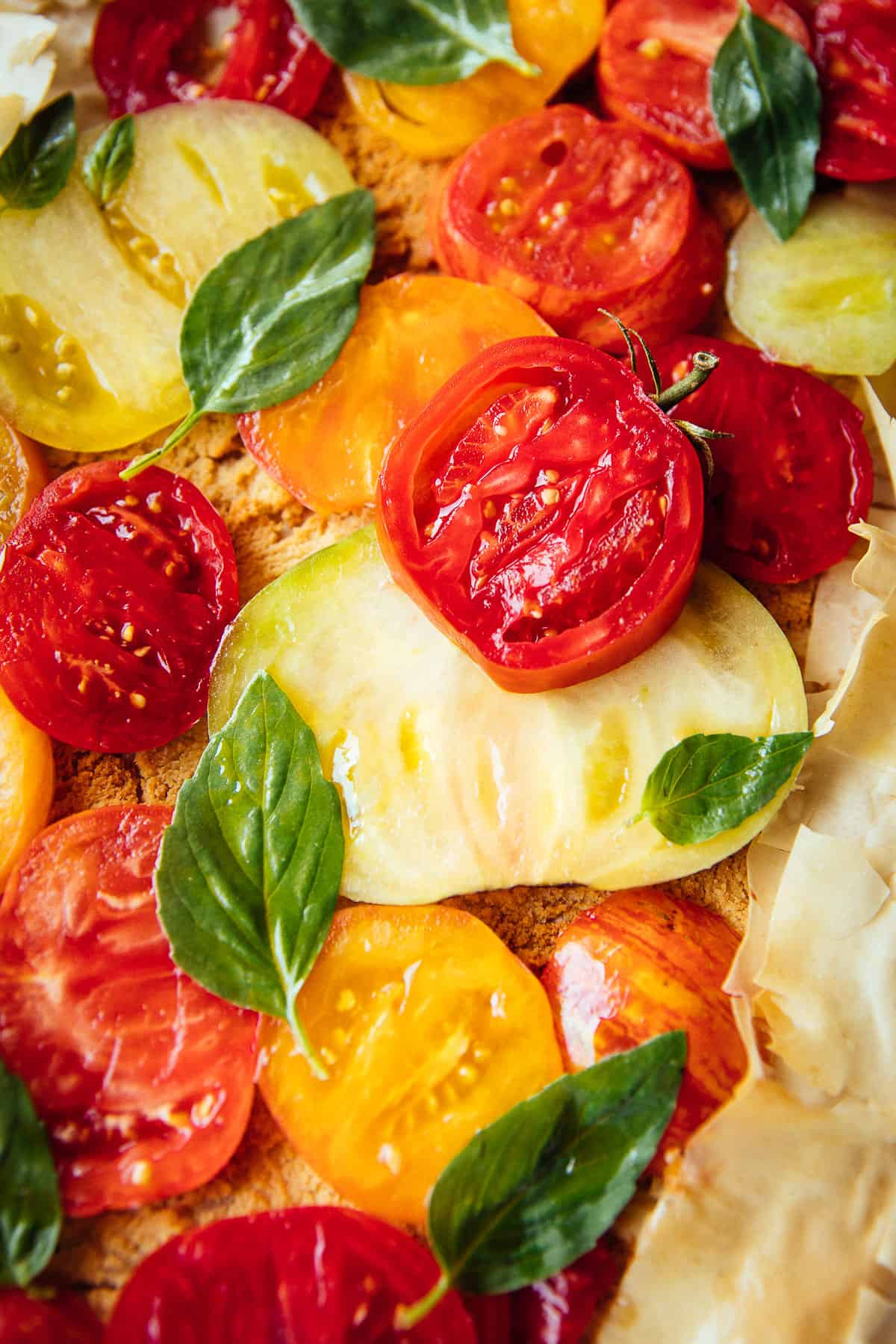 Mediterranean phyllo tart with fresh tomatoes and basil close up