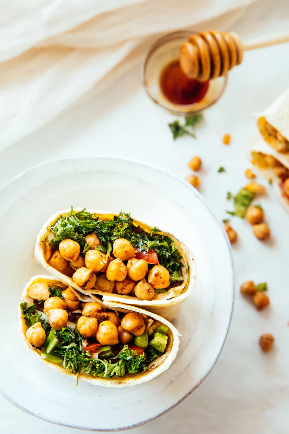spicy chickpea wraps cut in half