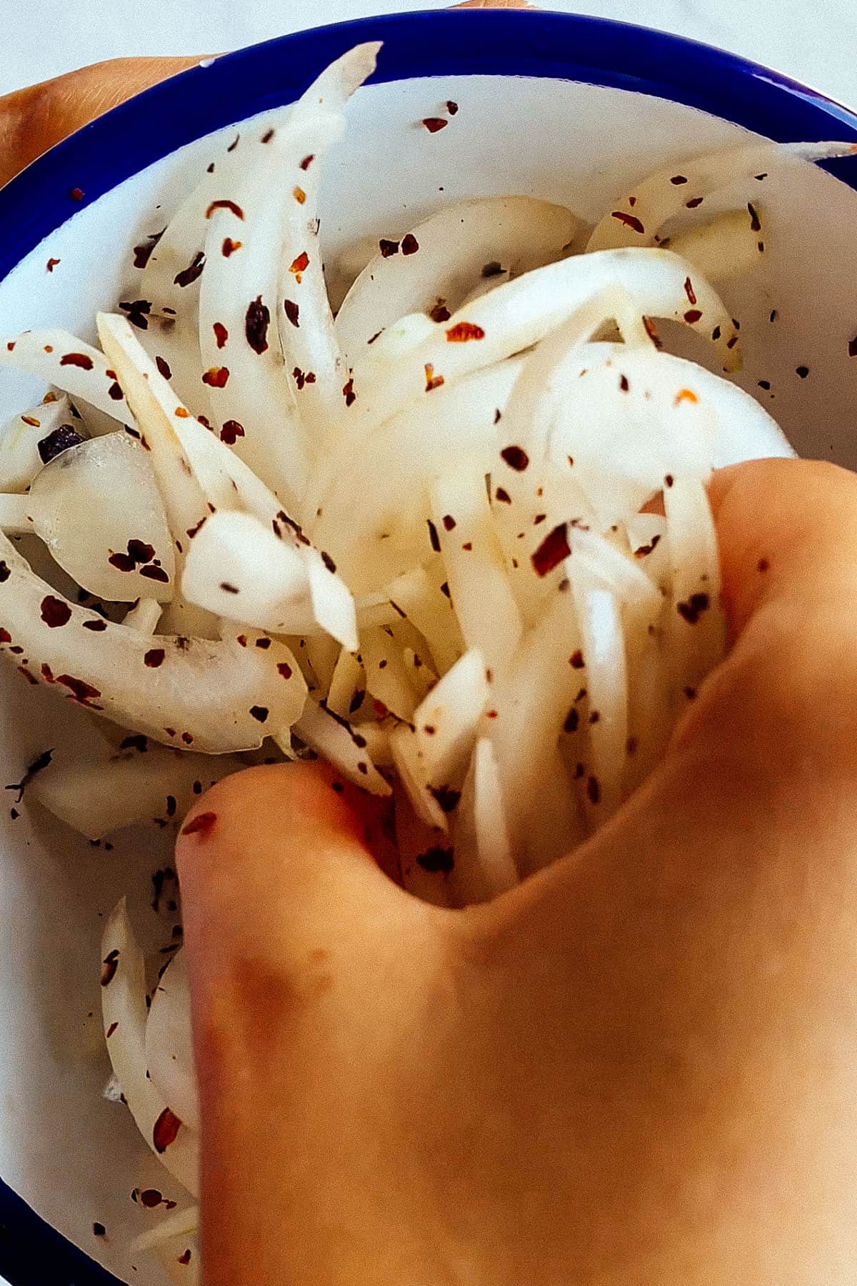 onion and sumac being mixed by female's hand