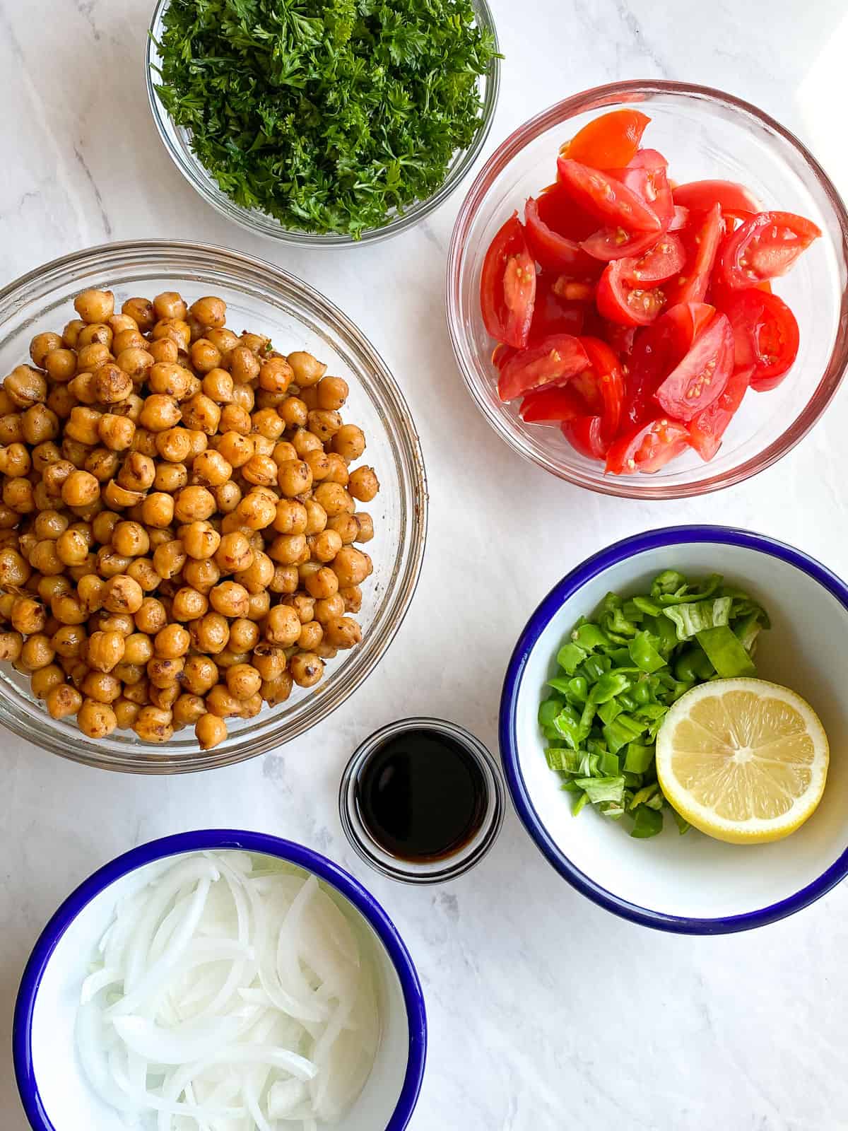 spicy chickpea salad ingredients from top view