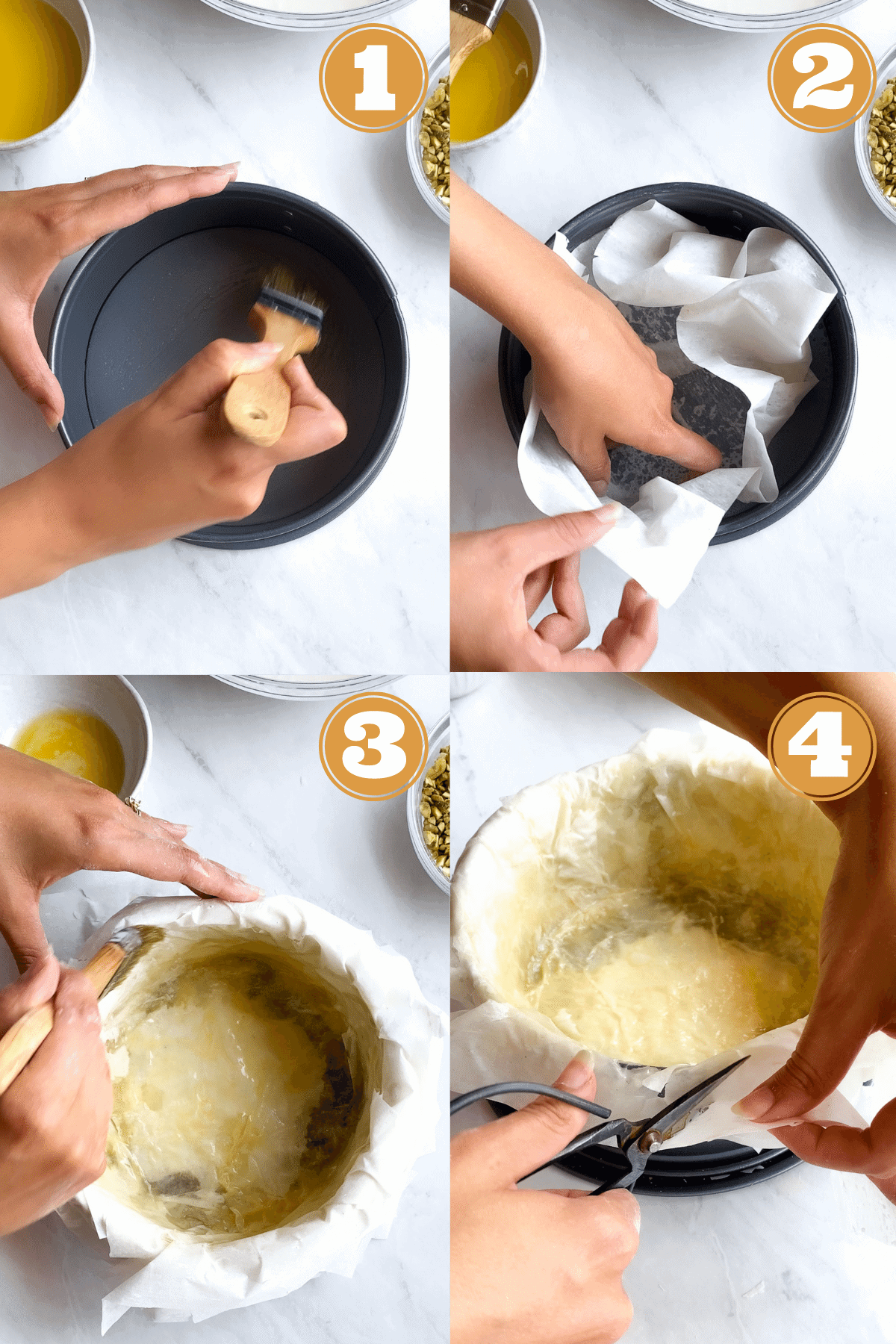 step by step instructional photo collage of making baklava cheesecake