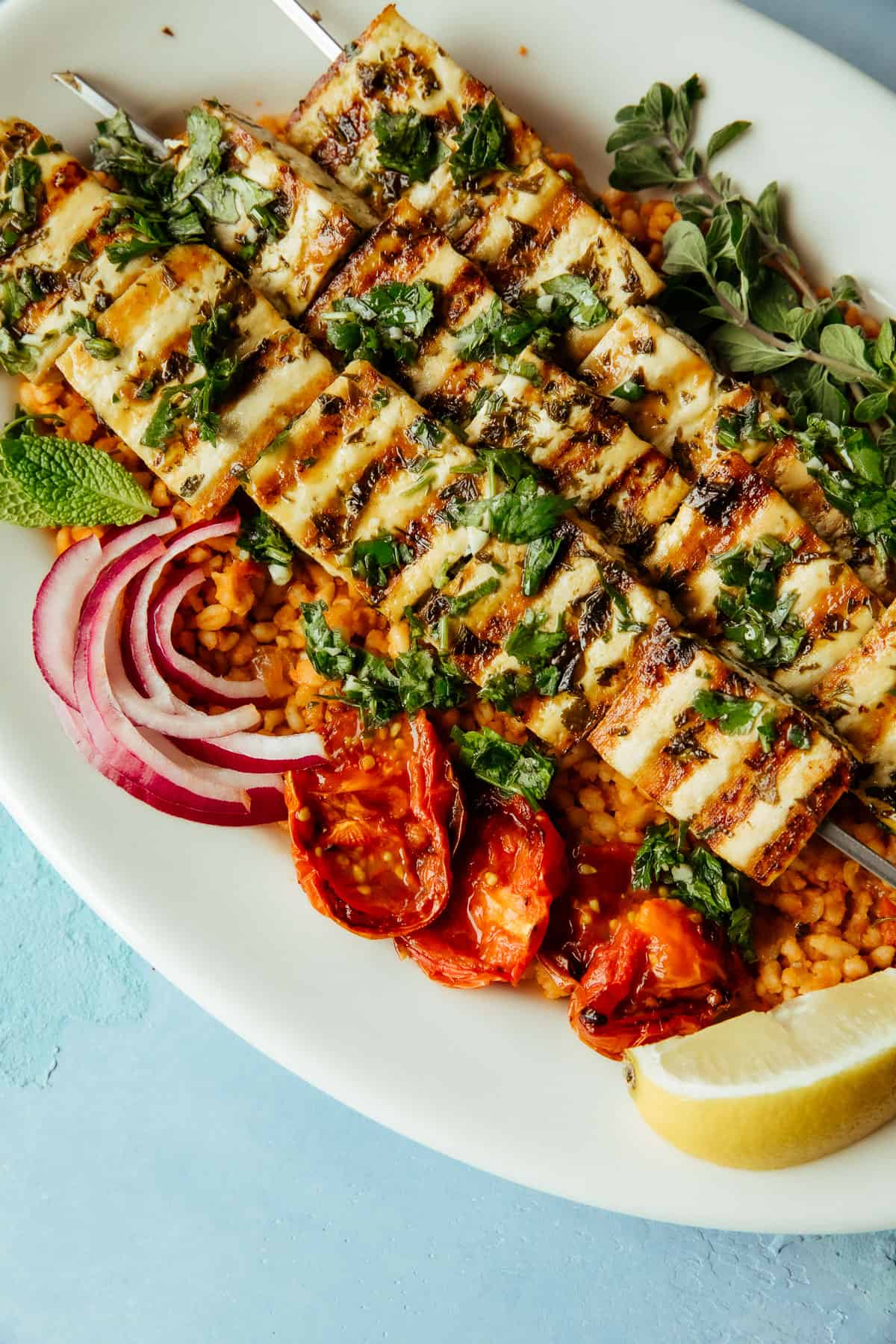 Grilled Tofu with Chimichurri on a bed of bulgur pilaf