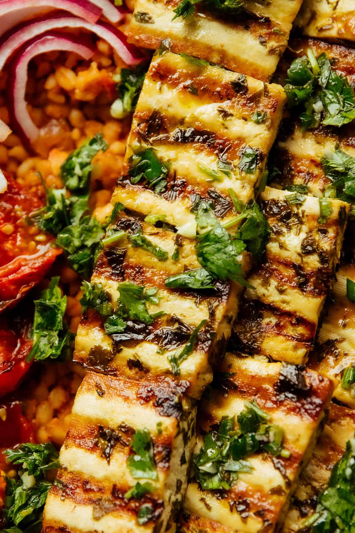 close up of Grilled Tofu with Chimichurri sauce