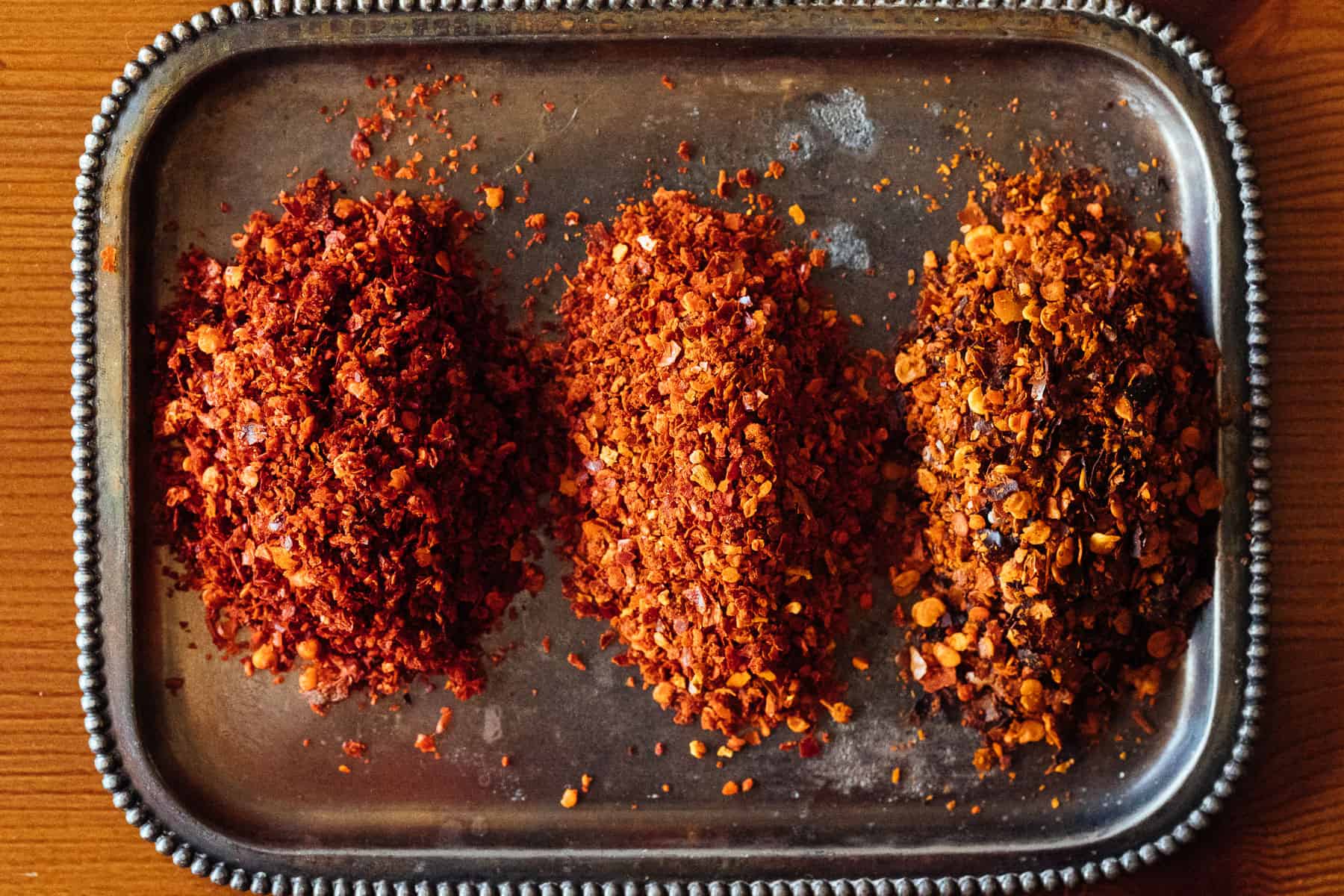 Sichuan, Aleppo, and Korean chili flakes side by side