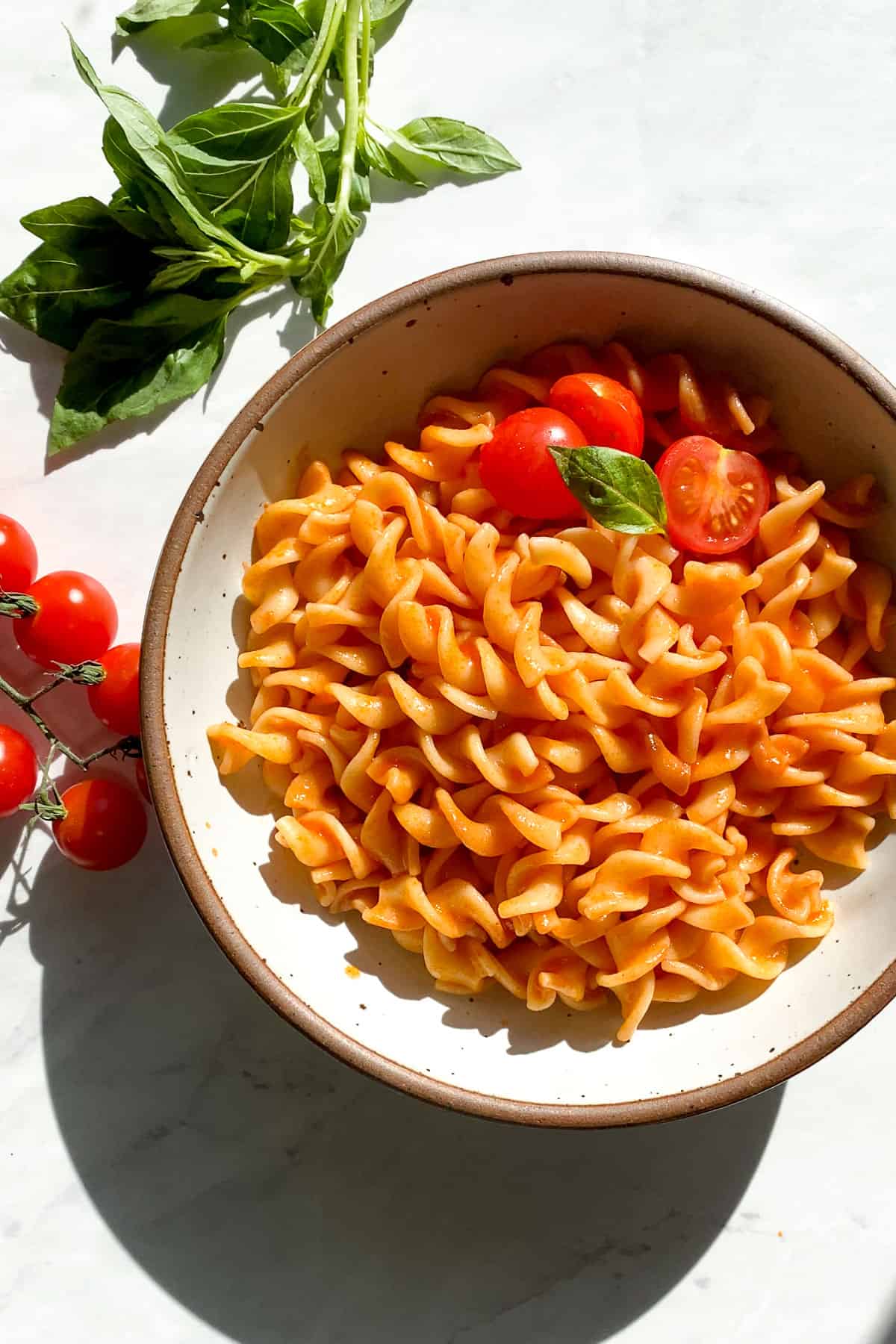 toasted tomato pasta in bowl with basil and cherry tomatoes